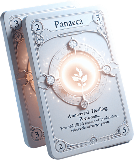 White Card called “Panacea” which was used to heal.
Single Game Texture.  In-Game asset.  2d.  Blank background.  High contrast.  No shadows