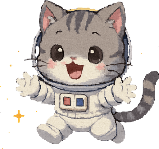 A cute gray kitten, drawn in an adorable chibi anime style and wearing an astronaut suit, floats in outer space with its little paws outstretched as if reaching out for a hug. It meows sweetly, and the entire scene is illustrated in charming Pixel Art style.