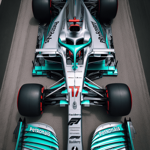Silver f1 mercedes race car with turquoise green lines and REARwings and white "PETRONAIS" text on wings.
Red race number on car nose. black Blackberry text on sides. Top view.
