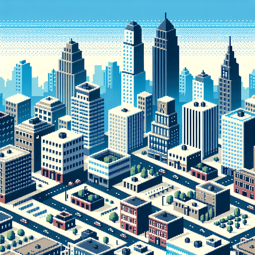 Retro cityscape, pixel art  1930s, sky view, aerial view
Single Game Texture. In-Game asset. 2d. Blank background. High contrast. No shadows.