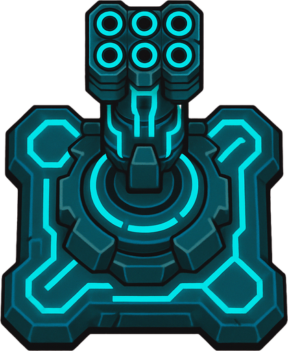 top-down view, small rapid-fire digital turret, multiple mini barrels, bright cyan glowing circuits, compact and fast look.
In-Game asset.  2d.  High contrast.  No shadows