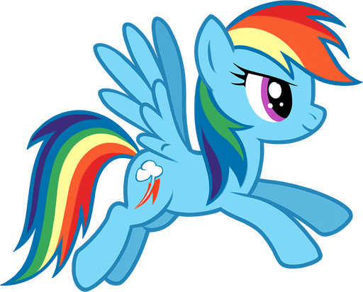 Rainbow Dash, flight position, 2D, side view.
In-Game asset.  2d.  High contrast.  No shadows