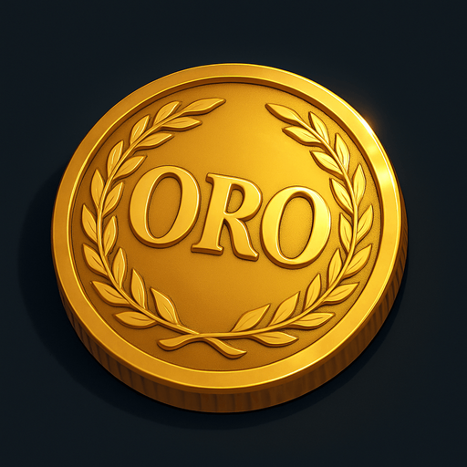 High-resolution digital illustration of a single gold coin lying flat, embossed in the center with the word ‘ORO’ in bold, elegant capital letters. The coin features a finely detailed rim pattern (e.g. laurel wreath or rope motif), a polished metallic surface with realistic reflections and highlights, and a slight bevel on the edges. Dramatic side lighting casts soft shadows, set against a dark gradient background for contrast. Rendered in a semi-realistic 3D style.
In-Game asset.  2d.  High contrast.  No shadows