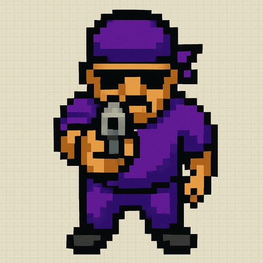 pandillero de morado hecho con pixeles con perspectiva desde arriba visto de frente apuntando hacia enfrente con un arma
In-Game asset.  2d.  High contrast.  No shadows