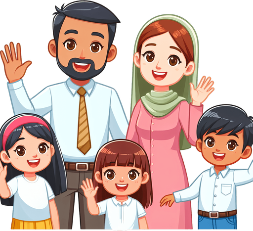 A smiling family waving..
Single Game Texture. In-Game asset. 2d. Blank background. High contrast. No shadows.