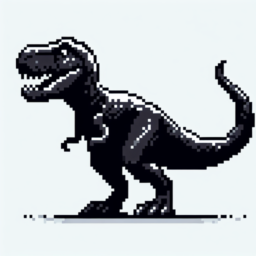 2D Black Pixel Art T-Rex chrome trex game.
Single Game Texture. In-Game asset. 2d. Blank background. High contrast. No shadows.