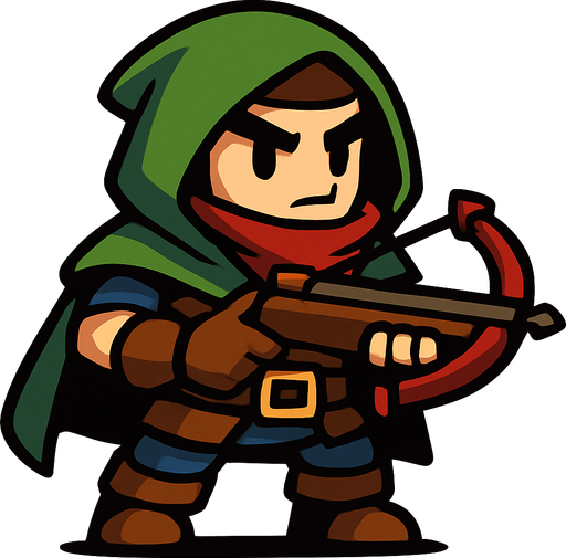 Create a game character with a crossbow in hand.
In-Game asset.  2d.  High contrast.  No shadows