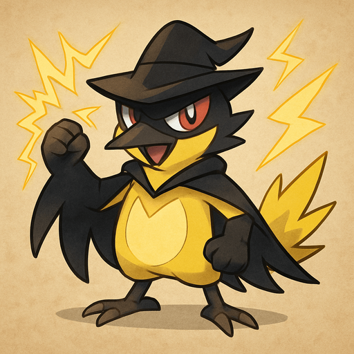 Um monstrinho do tipo elétrico inspirado em Pokémon e Digimon Classe Rpg aparência Bem-te-vi e Zorro