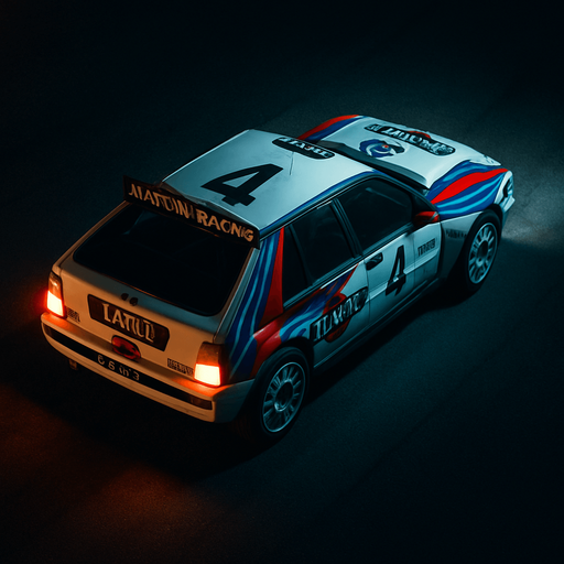 Photorealistic Lancia Delta Rallycar in nightlight, drone topview from back and 45 degrees angle in top right corner