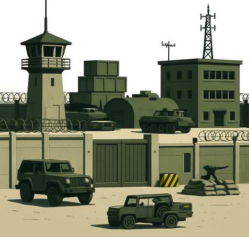 Askeri üs - gerçekçi, yazısız, yandan görünüm.
In-Game asset.  2d.  High contrast.  No shadows