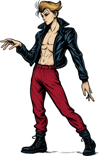 Swishy graceful man Cyberpunk manga, idle animation, shiny black leather biker jacket longsleeves shirtless Skinny abs blonde pompadour guy, wine red joggers combat boots, Background removed, "Full-body character, entirely in frame, no cropping of face, head, or feet" "Complete character visible, from head to toe, fully centered in the image" "Entire character, including face and boots, fully within the frame" Character fully contained within a square frame, no edges cut off fashion model idle pose
