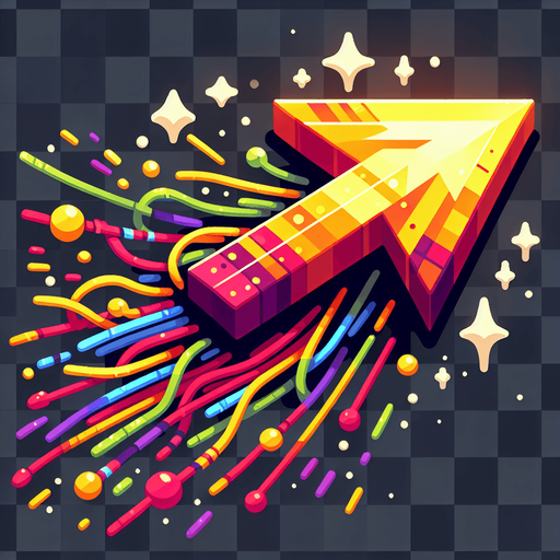a sharp cartoon-style arrow flying to the right, with colorful string, 2D game asset, minimal shading, pixel-perfect edges, isolated, flat art style.
Single Game Texture.  In-Game asset.  2d.  Blank background.  High contrast.  No shadows