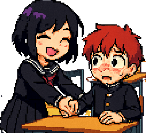 In pixel art style, a cute anime-style girl with an emo aesthetic, striking purple eyes, and a Japanese school uniform (sailor fuku) suddenly pulls the hand of a shy red-haired boy with red eyes, who is wearing a gakuran and sitting in front of a rectangular desk. She smiles brightly with her eyes closed as she yanks him toward her, pulling him out of his seat. The boy looks confused and nervous, flustered by the sudden physical contact. In the background, a typical Japanese classroom can be seen.
