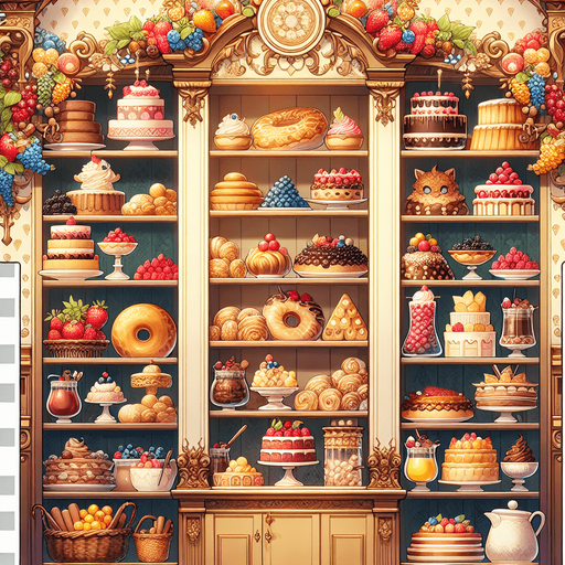 A bakery wall with shelves full of cakes, toppings, berries. Rich game illustration style..
Single Game Texture. In-Game asset. 2d. Blank background. High contrast. No shadows.