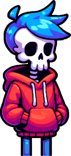 skeleton hair blu felpa rosso.
Single Game Texture.  In-Game asset.  2d.  Blank background.  High contrast.  No shadows