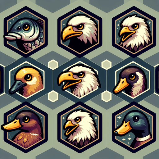 A sprite sheet for game icons featuring a fish, an eagle and a mallard. Hexagon icons featuring the head of animal. 
Single Game Texture. In-Game asset. 2d. Blank background. High contrast. No shadows.