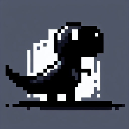 sağa dönük simsiyah pikselli dinozor.
Single Game Texture.  In-Game asset.  2d.  Blank background.  High contrast.  No shadows