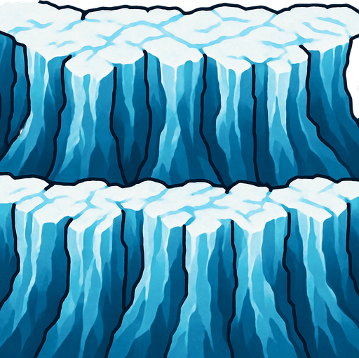 glacier wall, visto desde arriba efecto looping unilateral para repetir el grafico con continuidad.
In-Game asset.  2d.  High contrast.  No shadows