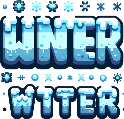 Create an SVG text design for "WINTER" in bold cartoon style with chunky rounded letters. Add small snowflake accents and icy details in cool, frosty blues and white.​​​​​​​​​​​​​​​​.
Single Game Texture. In-Game asset. 2d. Blank background. High contrast. No shadows.