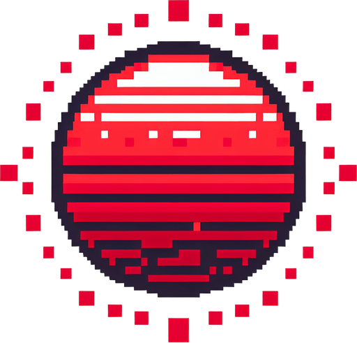 pixelated, dashed red circle.
white background, high contrast, shadowless