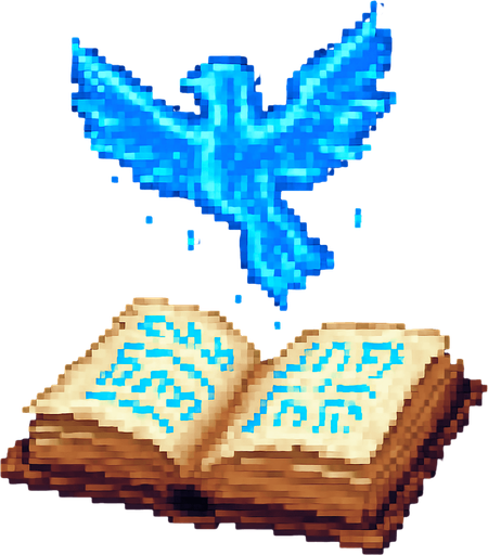 "2D pixel art of a glowing blue bird symbol emerging from an open magical spellbook. The spellbook has worn covers and glowing arcane runes on its pages. The bird symbol floats above the book, made of shimmering blue magical energy, with soft glowing edges and a slightly transparent, ethereal look. It represents a magical creature or summon. Designed in classic 16-bit fantasy RPG pixel art style. Transparent background.".
In-Game asset.  2d.  High contrast.  No shadows