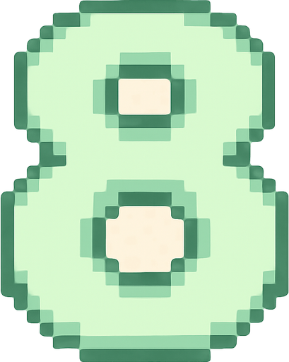 A pixel art number "8" designed for a cozy, cute retro 2D game UI with a bird theme. The number is rendered in soft pastel light green tones to harmonize with the gentle and sweet aesthetic of the game. It has a clean, simple, and rounded pixel style with no harsh edges, fitting perfectly within the pixel art UI style. The number is bold and easily readable at small sizes..
In-Game asset.  2d.  High contrast.  No shadows. pixel art. retro. 2d ui. number. pastel light green. simple. rounded edges. bold. cute. minimal