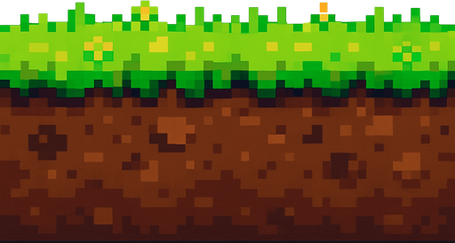 A flat, horizontal ground layer made of bright green grass on top and brown soil underneath, designed in pixel art style. The grass is slightly jagged at the top to suggest texture, and the soil has subtle pixel shading with small rocks and dirt patches. The image should be side-view and seamless, suitable for a 2D side-scrolling game like Flappy Bird, with tiny pixel flowers or varied shades of green for extra detail..
In-Game asset.  2d.  High contrast.  No shadows. pixel art. side view. seamless. ground texture. retro style