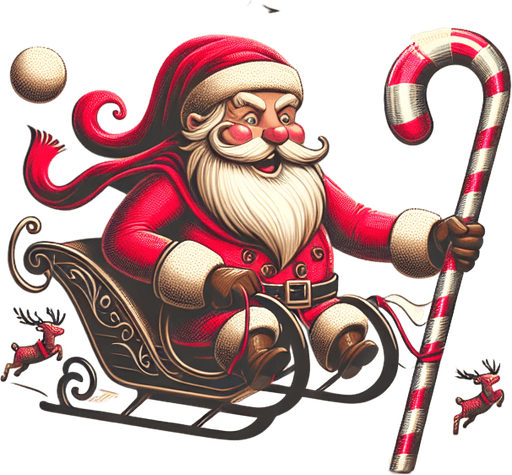 a pergament of a Santa Clause on his sledge with reindeers in the sky. He holds a scepter of candy cane. There is the text: "Click on Santa for a short duration to use the KeeperMode."