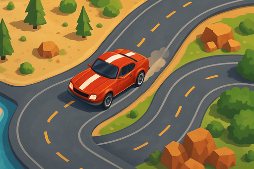 Fullscreen modern App Store landscape banner, 16:9, high definition, for a game titled "Open Road Rally" and with the description "Top-down car racing game with multiple challenging road maps and open world exploration featuring various terrains and obstacles.". No text on banner!