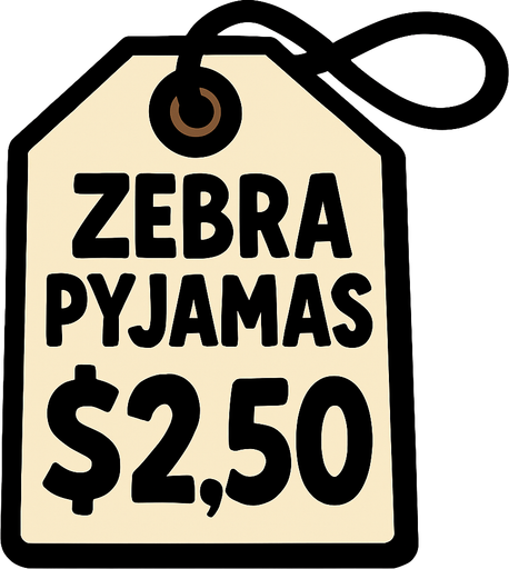 Price tag that says Zebra Pyjamas $2.50.
In-Game asset.  2d.  High contrast.  No shadows