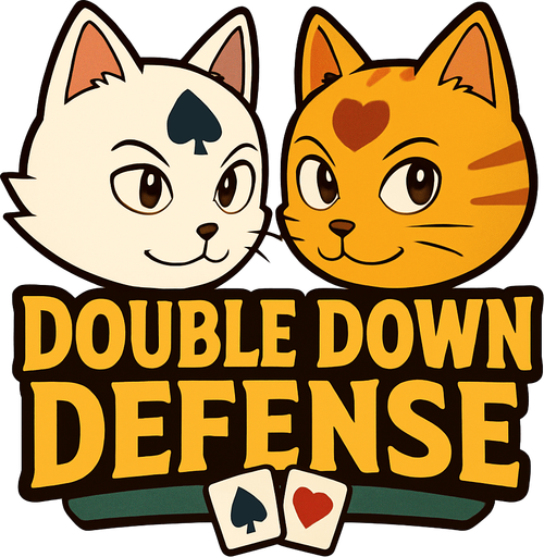 Incorporate these two cats heads into a game logo for a poker based tower defense that includes the name “Double Down Defense”. Put their heads offset on either side with eyes open and looking at the logo.