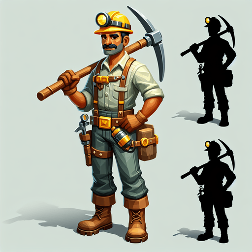 Miner.
Single Game Texture.  In-Game asset.  2d.  Blank background.  No shadows