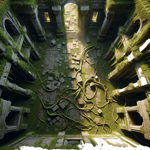 A top-down view of jungle ruins with moss-covered stone walls and floors. The floor is scattered with vines and broken pillars. Each wall has an entrance centered in the middle, resembling natural archways positioned on the top, bottom, left, and right. Sunlight filters through, illuminating the room softly..
Full-frame, top-down view of jungle ruins. Moss-covered stone walls and floors, vines, broken pillars. Open natural archways centered on each wall: top, bottom, left, and right. Soft sunlight, no perspective distortion.