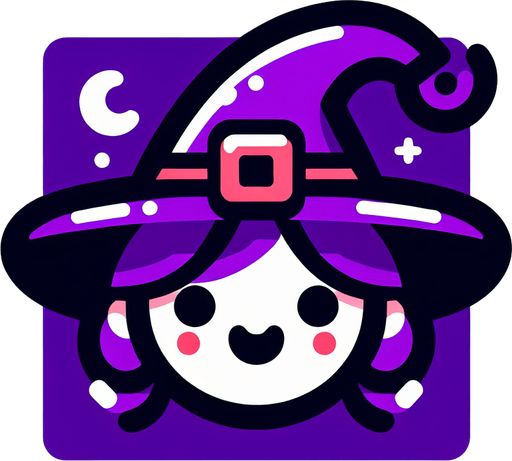 Perfectly square bright purple Halloween witcher head with cute happy face. Cartoon style. Spooky art style. Simple vector style.