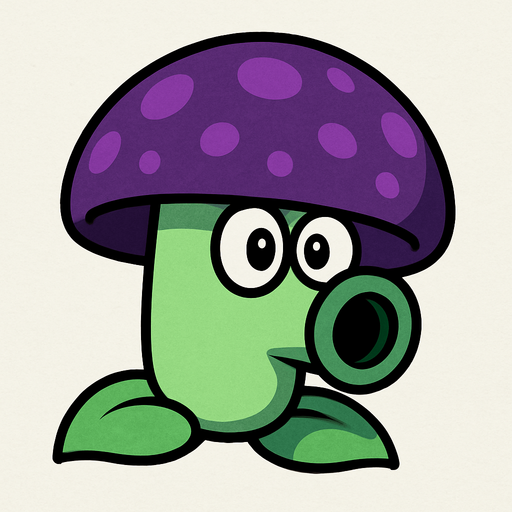 Sombrero Púrpura: Tiene un sombrero grande y redondo de color púrpura oscuro o violeta, con manchas o puntos de un púrpura ligeramente más claro.

Tallo Verde Claro: Su tallo es corto y robusto, de un color verde claro o menta.

Ojos Grandes y Boquilla: Posee dos ojos grandes y redondos, y una "boca" o boquilla prominente en el frente, de color verde oscuro, desde donde expulsa sus proyectiles..
In-Game asset.  2d.  High contrast.  No shadows