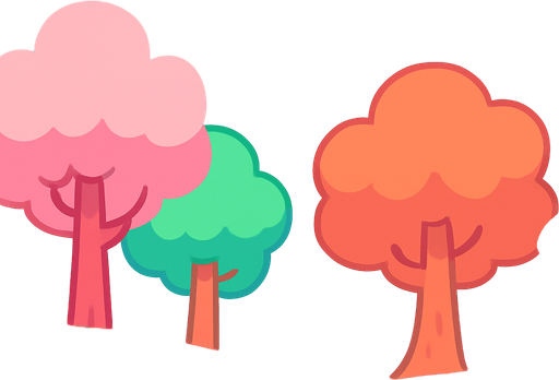 Un fondo colorido y brillante estilo caricatura. La escena es un bosque abierto alegre con colores pastel vibrantes, formas suaves y redondeadas, y un cielo azul claro con nubes esponjosas. El estilo es kawaii, juguetón y fantástico, con líneas suaves y una atmósfera feliz y amigable, perfecto para una introducción divertida y cute de un juego.
In-Game asset.  2d.  High contrast.  No shadows