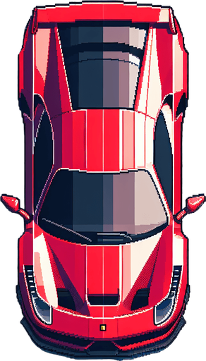 Top-down view of a sleek red sports car, clean and minimal pixel art style, 64x64 size, suitable for a mobile racing game".
Single Game Texture.  In-Game asset.  2d.  Blank background.  High contrast.  No shadows
