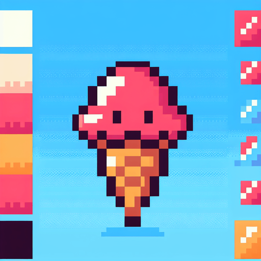 8bit. cartoon. icecream.
Single Game Texture. In-Game asset. 2d. Blank background. High contrast. No shadows.