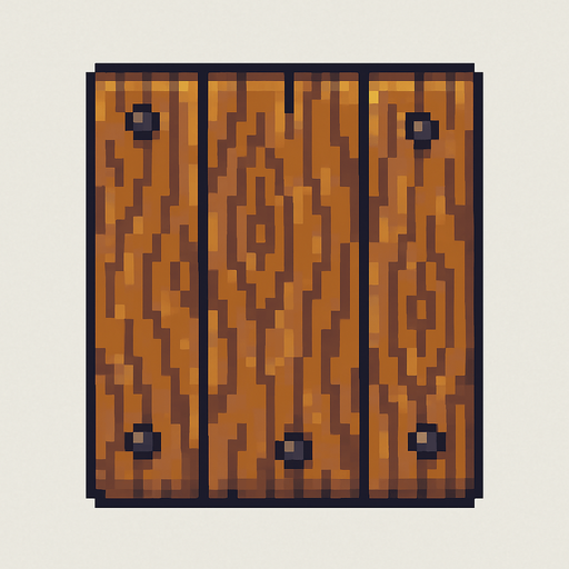 Vista cenital de una sola baldosa de puerta de madera, aislada, vista desde arriba, estilo pixel art 2D para videojuego, textura continua y repetible, sprite de 32x32. Sin manija, sin bisagras, sin marco, solo tablones de madera con clavos decorativos. Textura de vetas estilizadas. Arte estilo hecho a mano. Alto contraste, sin sombras. Sin fondo.