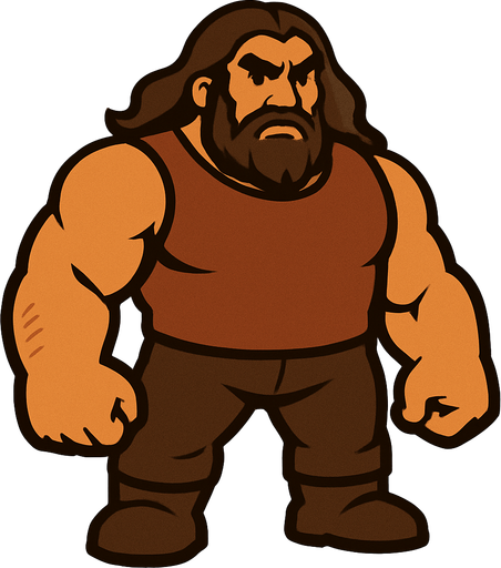 Uzun saçlı kahverengi renkte iri bir adam.
In-Game asset.  2d.  High contrast.  No shadows