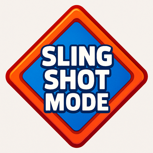 Diamond shaped colourful button that says sling shot mode.
In-Game asset.  2d.  High contrast.  No shadows