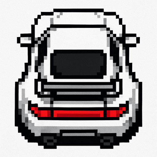 un coche blanco deportivo hecho con pixeles con perspectiva desde arriba de la parte trasera.
In-Game asset.  2d.  High contrast.  No shadows