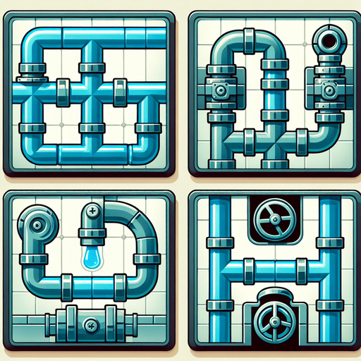 Create four perfectly square tiles, each featuring ONE VERY SIMPLE segment of water pipe for a puzzle video game:
Straight Pipe: One tile should feature a straight pipe segment with an entrance on the right side center and an exit on the left side center.
Corner Pipe: One tile should display a corner pipe segment with an entrance on the right side center and an exit at the top center.
Half Pipe with Valve: One tile should include a half pipe segment with an entrance on the right side center and a valve located at the center of the pipe.
Half Pipe with Bend:One tile should depict a half pipe segment with an entrance on the right side center, bending at the center towards the back (away from the viewer).