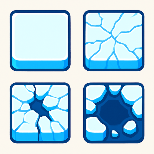 Generate a 2D sprite sheet arranged in a 2x2 grid, featuring a game tile of stylized arctic ice for a mobile game. The art style should be a clean vector illustration with flat colors and high contrast, suitable for a top-down, bird's-eye view. There should be no shadows.
The sprite sheet must show a clear, 4-stage progression of the same tile breaking:
Pristine Tile: A solid, unbroken square of thick ice. Mostly white and light blue.
Minor Cracks: The same tile, but now with thin, hairline fractures spiderwebbing across the surface.
Major Fractures: The cracks have widened into deep fissures, with small pieces of ice chipping away, revealing dark blue water underneath.
Nearly Shattered: A large hole has opened in the center of the tile, surrounded by a few unstable, floating fragments of the original ice. The tile is mostly dark water now..
In-Game asset.  2d.  High contrast.  No shadows