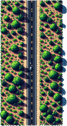 Top view of an empty road without lines from top to bottom.
overhead view.  Pixel art