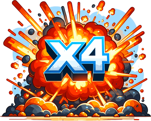 爆炸，里面有X4的字样.
Single Game Texture. In-Game asset. 2d. Blank background. High contrast. No shadows.