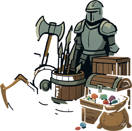 Eski kılıçlı silahlar ve cevherlerin vs. olduğu uzaktan bakış depo alanı..
In-Game asset.  2d.  High contrast.  No shadows