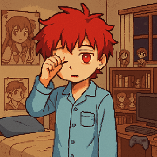 A cute, red-haired anime boy, 15 years old, with red eyes. He's in pajamas, looking sleepy, rubbing one eye with his hand. He's in his otaku-style bedroom. The scene is illustrated in Pixel Art style.