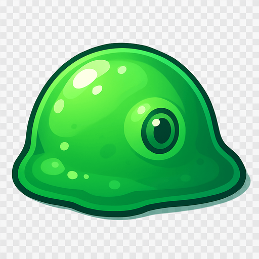 A single, isolated, highly detailed top-down isometric game asset of a Basic Slime. It is a slightly translucent, vibrant green, blue, or purple gelatinous blob, perfectly suited for a static sprite. Its surface should appear wet and glistening, with subtle internal bubbles or a single, simple, unblinking eye embedded within (static, not animated). The slime's most prominent side or an implied 'front' should be clearly oriented towards the right side of the image, indicating its forward movement. Style: Stylized, cartoony fantasy, slightly squishy texture, suitable for a Tower Defense game. Transparent background.
In-Game asset.  2d.  High contrast.  No shadows