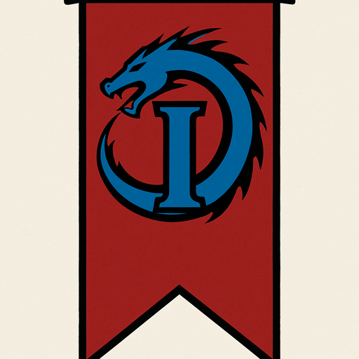 bandera larga con un simbolo de una i azul con un dragon al lado
e el diseño d ela i.
In-Game asset.  2d.  High contrast.  No shadows